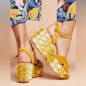 Barely Worn Anthropologie Floral-Embellished Platform Wedge Sandals